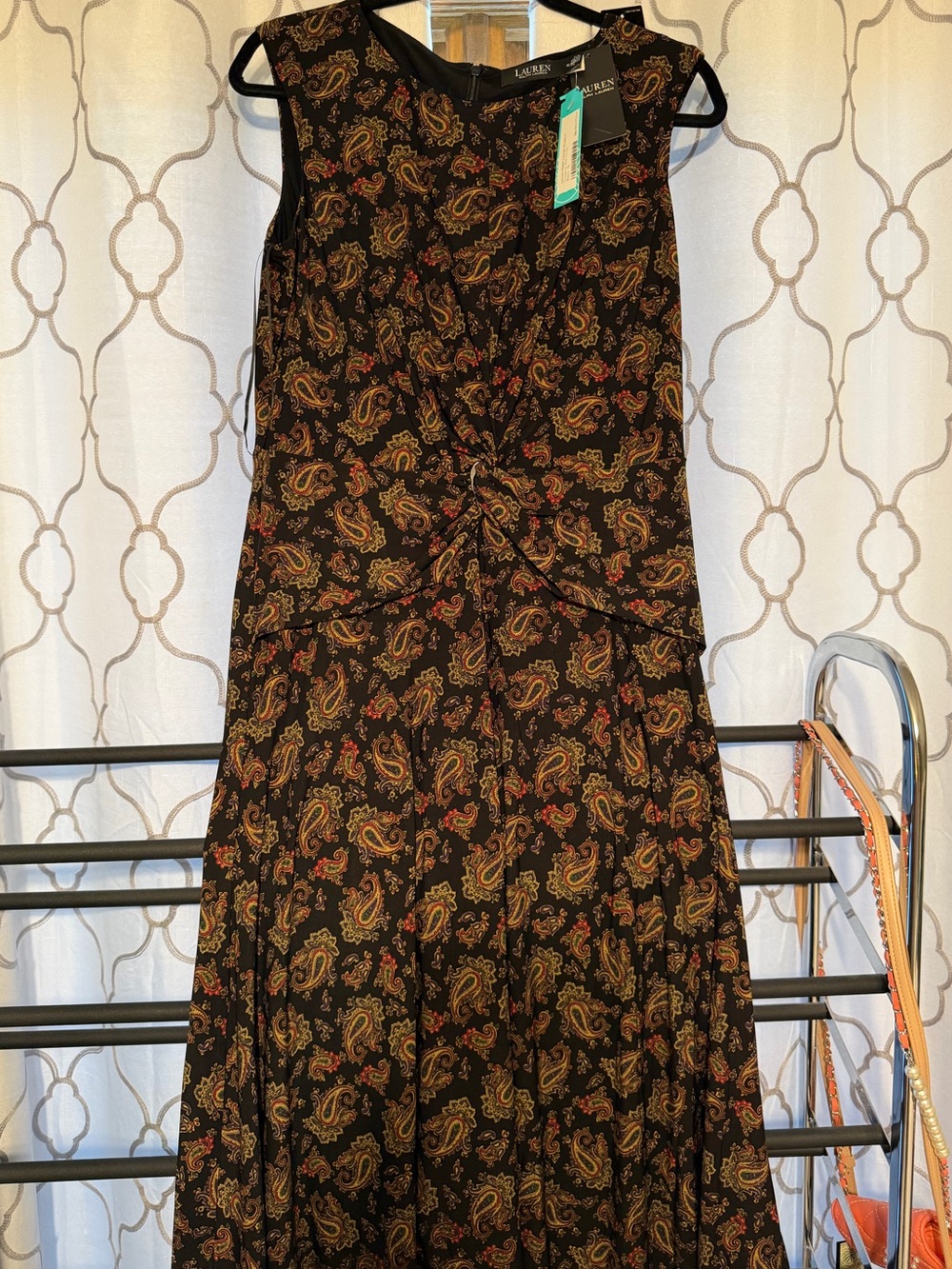 Lauren Ralph Lauren Black Paisley Midi Dress with Twist Detail